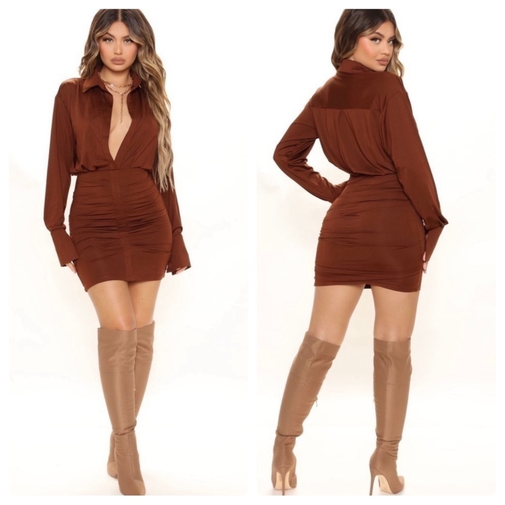 Fashion Nova Lilah Ruched Mini Dress in Brown Sz. Medium BNWT